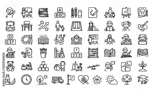 Cuadro en lienzo Kindergarten Line Icon Set Featuring Children Educator Childhood Family and Lear