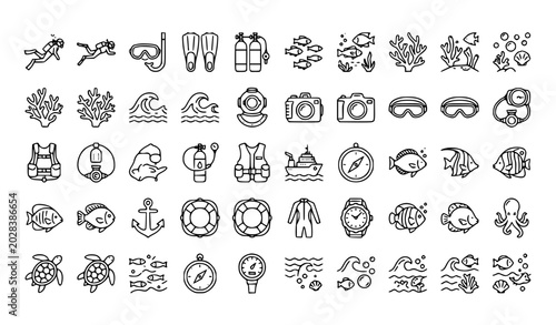 Quadro su tela Diving and Scuba Line Icon Set Featuring Sea Ocean Snorkeling Fins and Underwate
