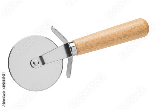 Handheld pizza cutter with wooden handle for slicing