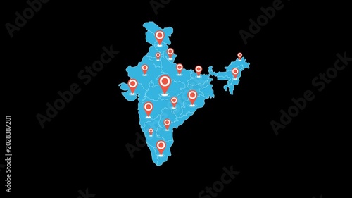 Animation of India Map with location pins having alpha channel
