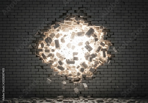 Exploding brick wall with bright light in the center