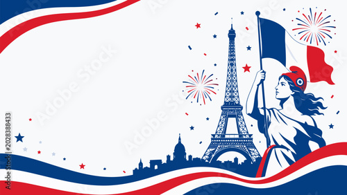 Bastille Day Celebration: An iconic illustration capturing the spirit of France's National Day, with the Eiffel Tower, Parisian skyline, and a triumphant figure holding the French flag.