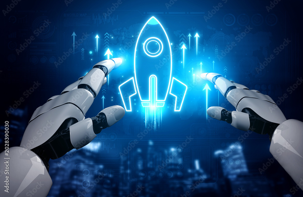 Fototapeta premium Futuristic Robot Hands Reaching for a Glowing Rocket Icon Symbolizing Innovation, Technology Advancement, and Space Exploration Concepts Sigmoid