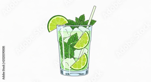 Refreshing Mint Lime Mojito in Glass with Ice and Garnish.