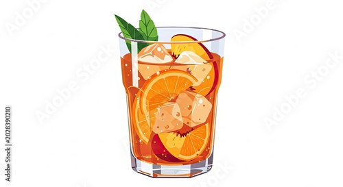 Refreshing Citrus Orange Juice in Glass with Ice Slices.
