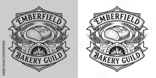Foto Heraldic Emberfield Bakery Guild emblem with bread and flaming oven