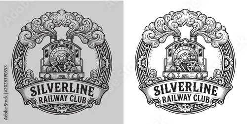 Foto Silverline Railway Club steam engine logo with intricate mechanical gears