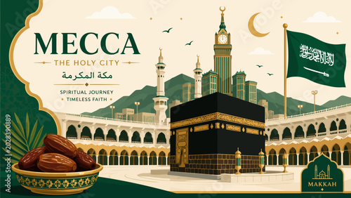 Εκτύπωση καμβά Mecca The Holy City: An artistic representation of Mecca, featuring the Kaaba, minarets, and a crescent moon, evoking a sense of spiritual journey and timeless faith