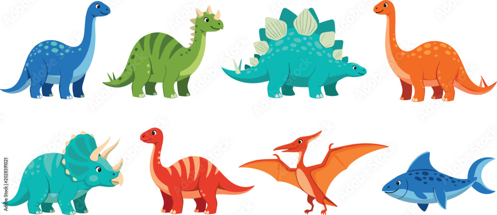 Obraz premium Colorful prehistoric dinosaur and marine reptile cartoon vector collection for kids education and wildlife design