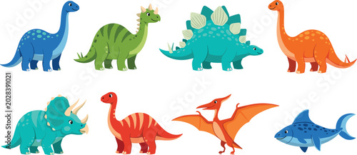 Photos Colorful prehistoric dinosaur and marine reptile cartoon vector collection for k
