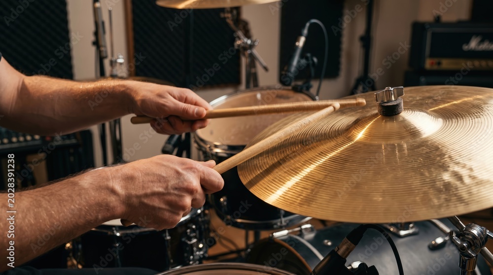Obraz premium Close-up of a person playing a drum set with drumsticks on cymbals