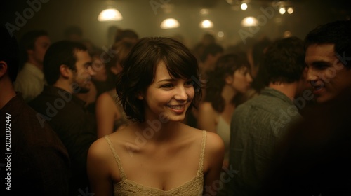 Young woman smiles while socializing in a crowded dimly lit room.