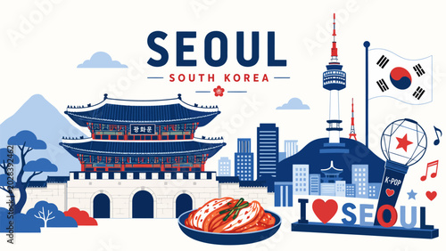 Seoul, South Korea Travel Collage: An illustrated montage showcasing iconic landmarks of Seoul, South Korea, including Gyeongbokgung Palace, N Seoul Tower, and a plate of kimchi.