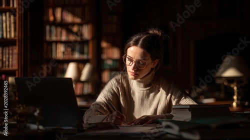 Focused woman works on her laptop and takes notes in a dimly lit library.