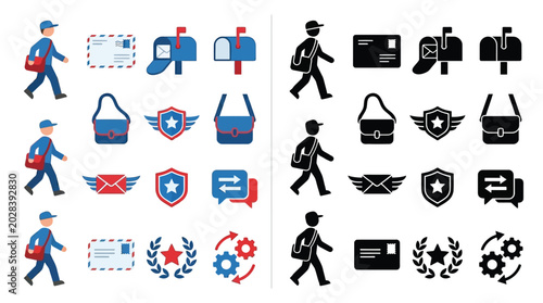 Canvastavla Collection of postal service icons and illustrations, including mail carriers, mailboxes, envelopes, and communication symbols in both color and silhouette
