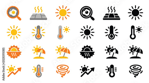 Foto Collection of weather icons representing heat, sun, temperature, and weather phenomena like storms and heatwaves