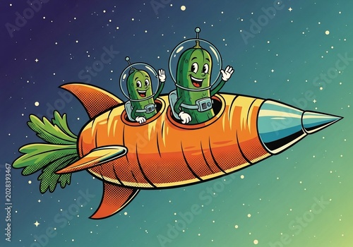 Cosmic Carrots: Whimsical Illustration of Pickles Piloting a Rocket Through Starry Sky