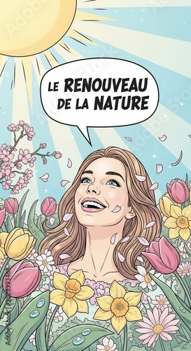 Joyful Spring Awakening: A Radiant Woman Embracing Nature's Bloom in Vivid Comic Art.