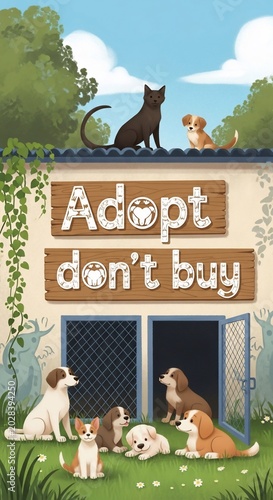 Whimsical illustration: Loyal pups and a watchful cat await loving homes, soft greens and blues evoke hope.
