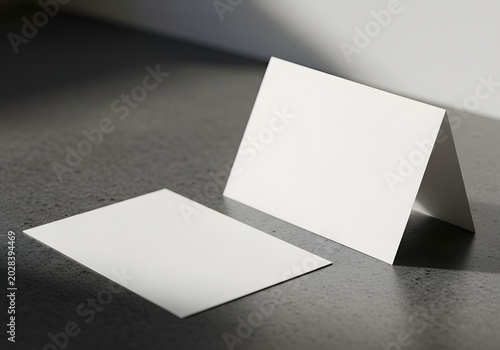 Blank folded greeting card and flat paper mockup on dark surface