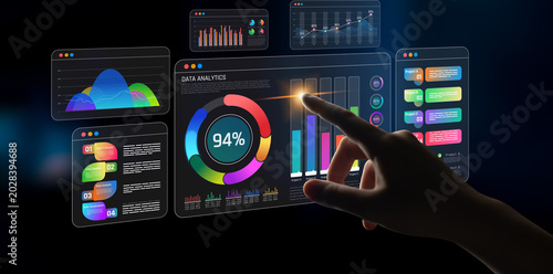 Photos Interactive Data Analytics Dashboard with Colorful Graphs and Touchscreen Interf