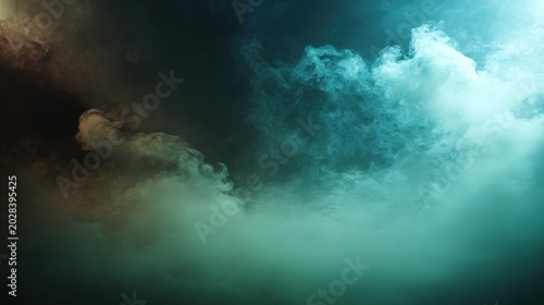 Dense smoke swirls in contrasting shades of teal and dark brown against a black background.