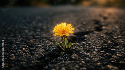 A small yellow flower blooms on a cracked asphalt road with sunlight.