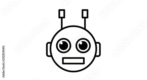 Simple robot head illustration with antennae and big eyes on white background
