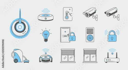 Smart home technology icons set in blue and gray color scheme