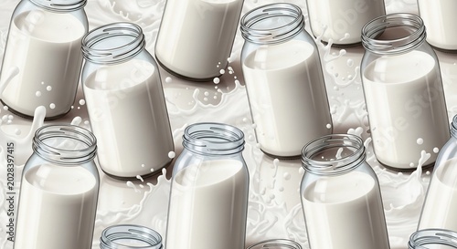 Artistic Render: Creamy White Milk in Glass Jars, Gentle Splashes, Soft Lighting