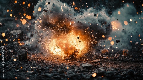 A dramatic action scene with a grenade exploding in slow motion, sending sparks and smoke into the air on a battlefield