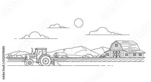 Peaceful rural landscape with a farm barn and a tractor in the field is depicted in a minimalist line art style.