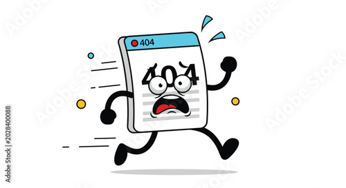 Panicked cartoon character shaped like a web browser page with a 404 error runs frantically, depicting a broken website link.