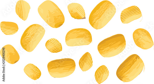 Quadro su tela Golden potato chips vector collection with crispy sliced snack pieces for food p