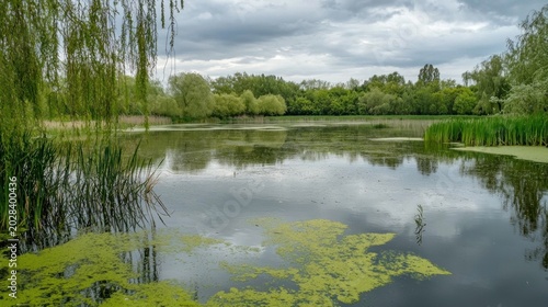 A shallow pond reflecting greenish hues from surrounding algae and overhanging willow branches on a cloudy day