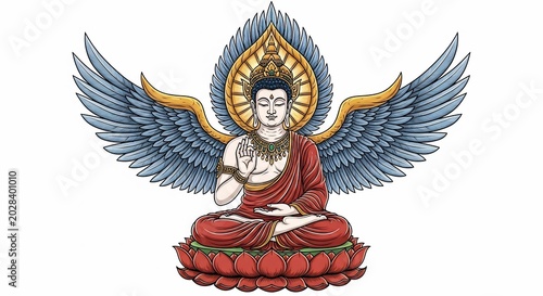 Winged Bodhisattva: Serene Meditation on Lotus, Vibrant Red & Blue Illustration