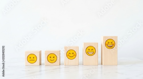 Smiling wooden blocks arranged in ascending order on a sleek surface indoors