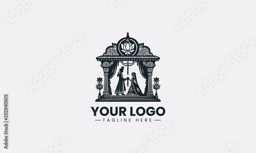 Traditional Indian wedding couple garland ceremony mandap silhouette vector logo