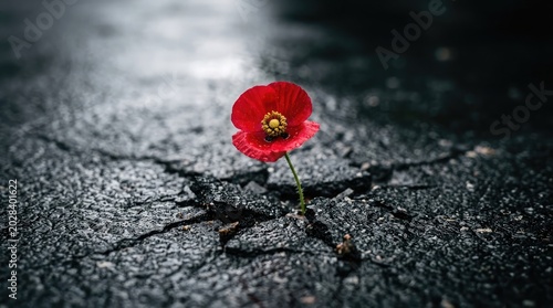 A lone red poppy flower grows through cracked asphalt on a dark road.