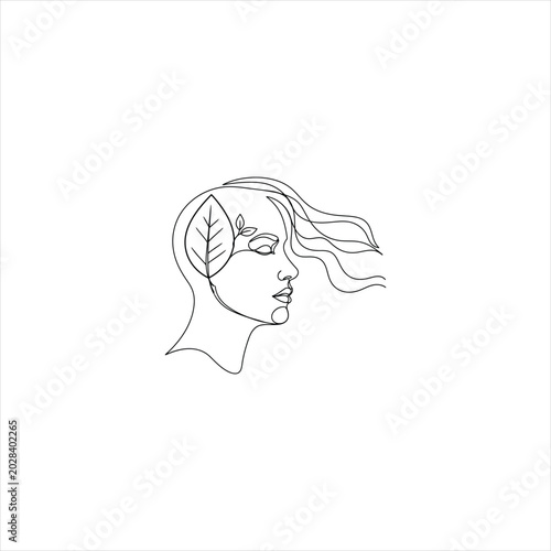 Continuous line drawing of a woman with leaf hair isolated on white background