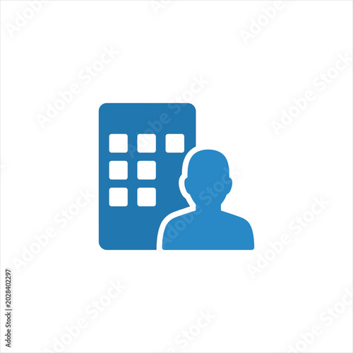 Blue icon of a person and an office building isolated on white background