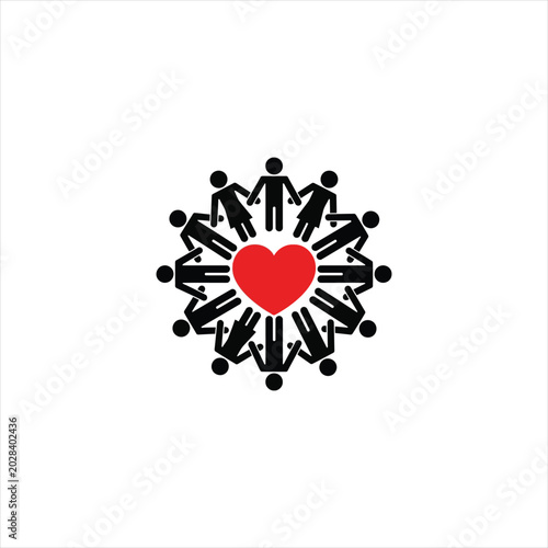 Group of people holding hands around a red heart symbol isolated on white background