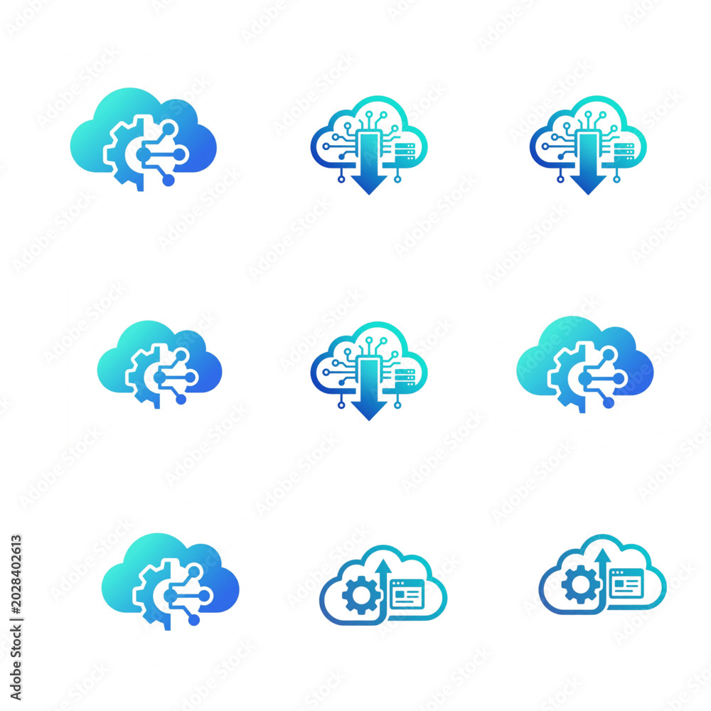 Obraz premium Innovative cloud computing technology icons featuring smart data integration and automation