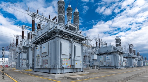 Powerful transformers against a blue sky symbolise the energy sector, providing a stark backdrop for content on infrastructure, technology and industry.