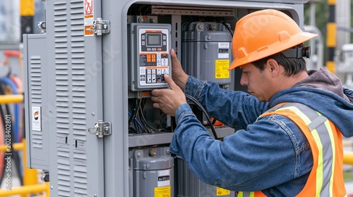 Outdoorrated power factor correction cabinet being built specialist securing weatherproof enclosure and mounting heavyduty capacitors in rugged industrial environment.