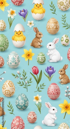 Joyful Easter Blooms: Whimsical Bunnies, Chicks, & Painted Eggs on Sky Blue Background