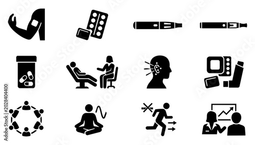 Konstfotografi Smoking Cessation Methods and Nicotine Replacement Therapy Silhouette Icon Set