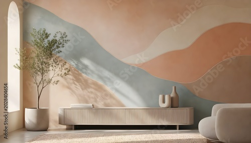 Contemporary pastel mural background, flowing wave shapes in minimal luxury interior style