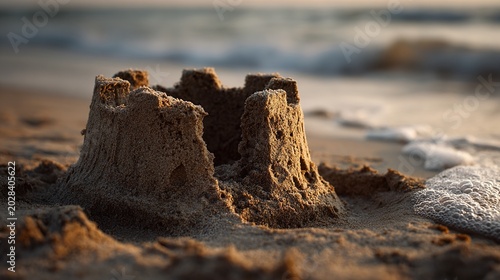 sandcastle. A sandcastle on a beach, its base eroded by waves as the upper structure tilts and crumbles at sunset. inspiring travel planning.