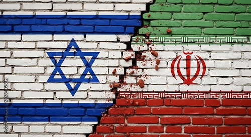 Cracked brick wall displaying flags of Israel and Iran symbolizing political conflict